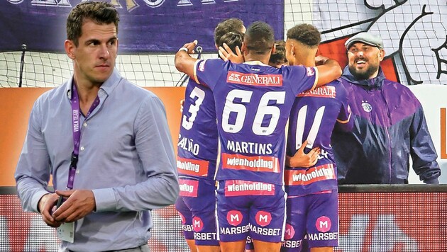 Austria-Klubservice-Leiter Michael Schlagenhaufen (li.) und TikToker Aleks Brankovic (re.) feilen am violetten Image. (Bild: FK Austria Wien, Heinz Köhler, Krone KREATIV)