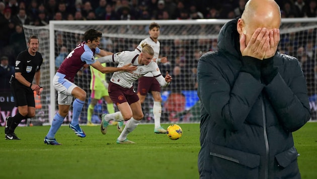 Bei Erling Haaland (Mitte), Pep Guardiola (re.) und Co. läuft es nicht rund.  (Bild: AP)