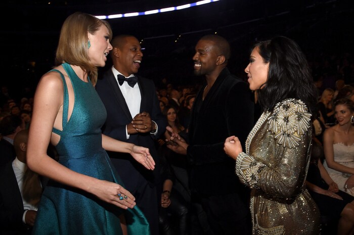 Taylor Swift, Jay Z, Kanye West und Kim Kardashian bei der Grammy-Verleihung 2015.