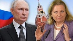 Der russische Präsident Wladimir Putin und Ex-Außenministerin Karin Kneissl pflegen allem Anschein nach eine sehr wohlwollende Beziehung. (Bild: APA/HERBERT PFARRHOFER, AP Maria Sbytova, stock.adobe.com, Krone KREATIV)