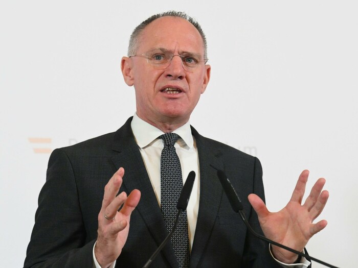 Innenminister Gerhard Karner (ÖVP) bei der Pressekonferenz am Montag