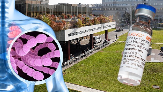 Ein Forschungsteam an der Wiener Uni-Klinik für Klinische Pharmakologie untersucht die Kombi-Impfung mit Nuvaxovid und dem aktuellen Pneumokokken-Vakzin - Studienteilnehmer gesucht. (Bild: Martin A. Jöchl/stock.adobe.com, Krone KREATIV)