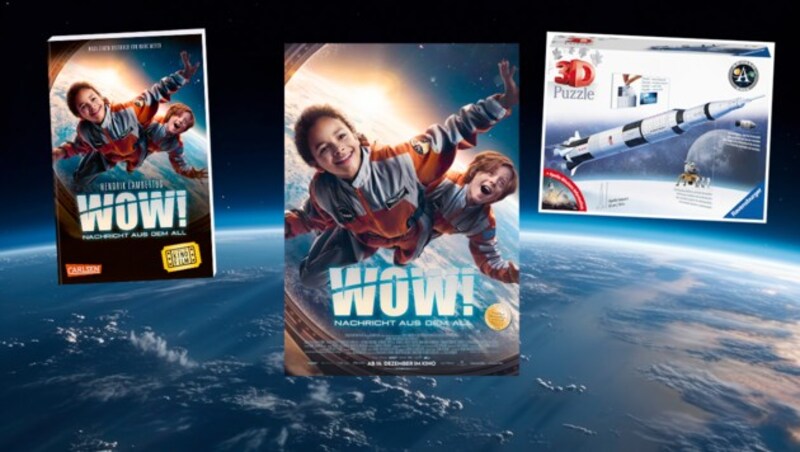 „Wow - Nachricht aus dem All“ bietet Kindern und der ganzen Familie ein außerirdisches Vergnügen. Mit krone.at können Sie zum Kinostart ein tolles Fan-Package gewinnen! (Bild: © 2023 SamFilm GmbH/Constantin Film Verleih GmbH; Ravensburger; stock.adobe.com Krone KREATIV,)