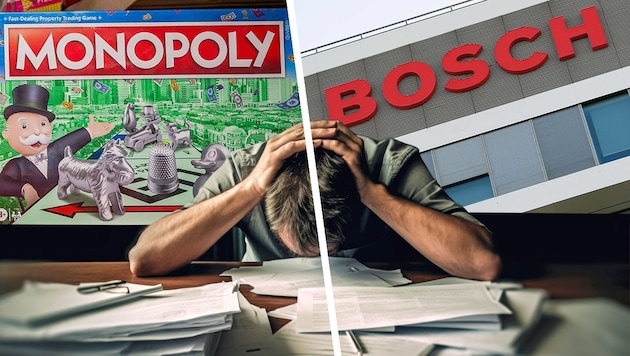 Autozulieferer Bosch will in der Forschung und Entwicklung bis zu 1500 Stellen abbauen, Spielehersteller Hasbro (Monopoly) will sich von 1000 Mitarbeitern trennen. (Bild: AFP (2), stock.adobe.com, Krone KREATIV)