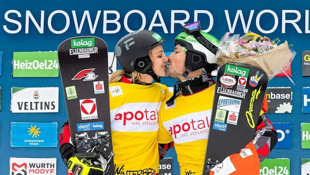 Im siebten Himmel: Snowboard-Duo Sabine Schöffmann (li.) und Alexander Payer (Bild: Miha Matavz)
