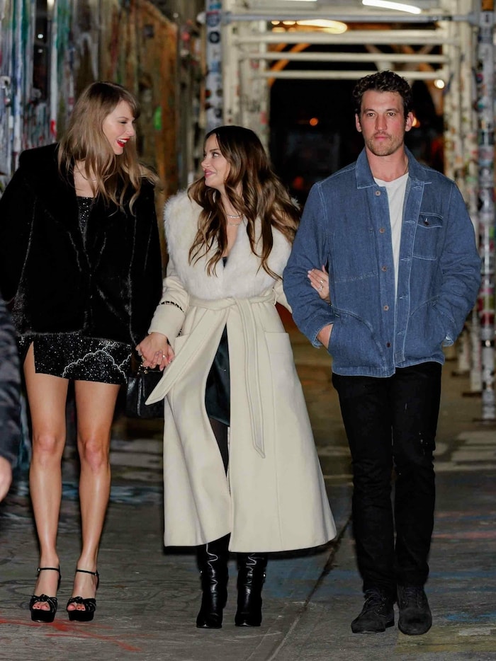 Taylor Swift verlässt ihre Geburtstagsfeier mit Miles Teller und Keleigh Sperry.
