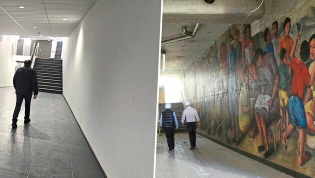 Ein Stück Kunst ist aus Klagenfurt verschwunden. Seit 1989 war in dieser Passage ein riesiges Wandgemälde aus Managua zu sehen, jetzt gibt es nur eine weiße Wand. (Bild: Christian Tragner/Krone KREATIV)