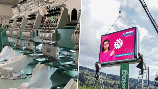 KP Workwear bedruckt und bestickt Arbeitskleidung und geht andere Verkaufswege (links). 20 LED-Walls hat monitorwerbung in ganz Kärnten stehen (rechts). (Bild: KP Workwear/monitorwerbung Kärnten/Krone KREATIV)