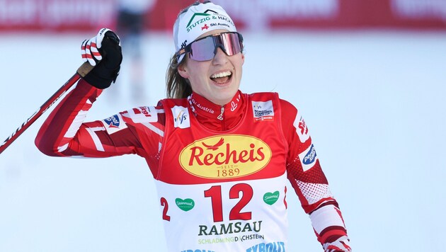 Lisa Hirner jubelt in Ramsau.  (Bild: GEPA pictures)