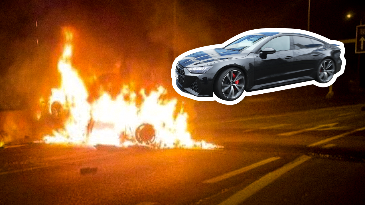Das Auto ging nach dem Crash in Flammen auf. (Bild: HEUTE, stock.adobe.com, Krone KREATIV)