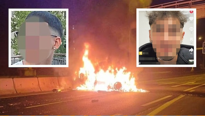 Das Unfallwrack brannte völlig aus: Samuel H. (18, re.) lenkte den Audi S7 und verstarb, Justin ...