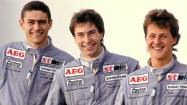 Einst im selben Team: Karl Wendlinger 1989 mit Heinz-Harald Frentzen Frentzen und Michael Schumacher (v. li.). (Bild: Daimler AG)