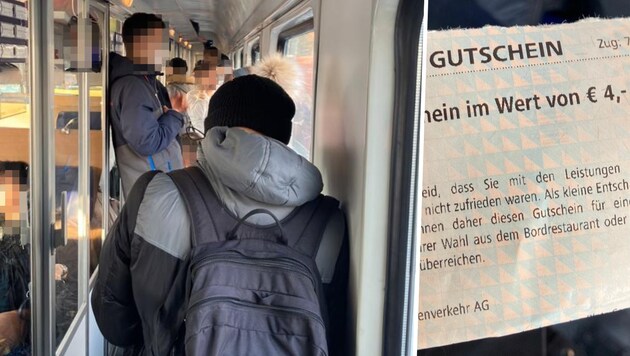 Womit sich ÖBB-Kunden plagen müssen: überfüllte Züge, zu hohe Preise und mickrige Gutscheine. (Bild: zVg, Krone KREATIV)