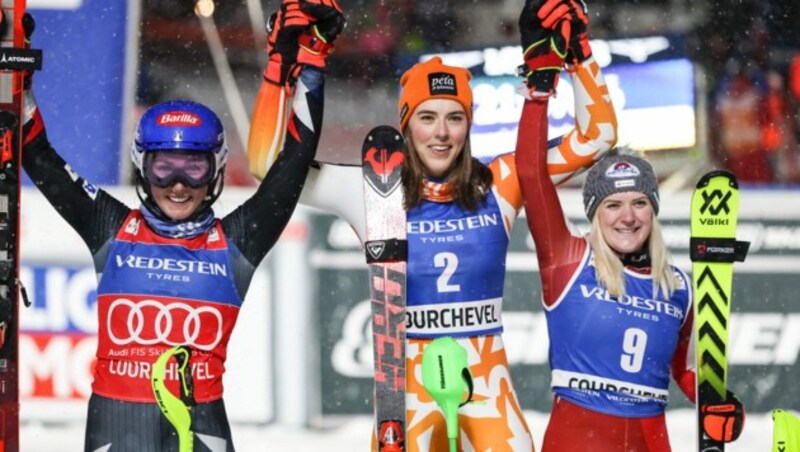 Das Siegerpodest: Mikaela Shiffrin, Petra Vlhova und Katharina Truppe (v. li. n. r.). (Bild: GEPA pictures)