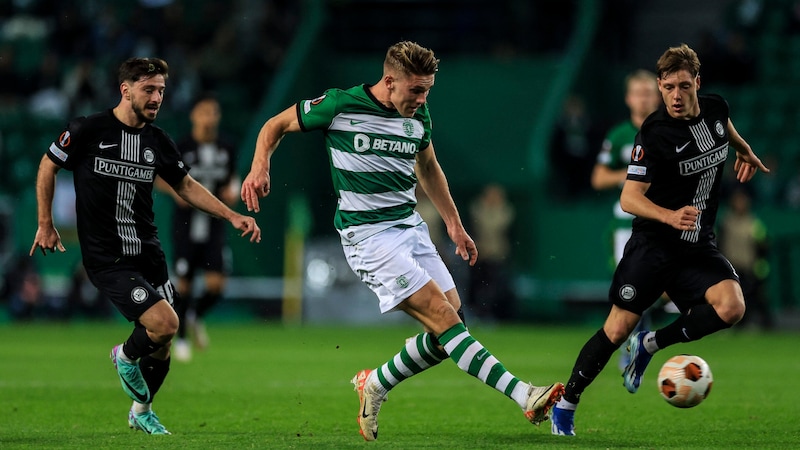 In the Europa League, Viktor Gyökeres gave Sturm Graz a run for their money, scoring twice against the Styrians. (Bild: APA/AFP/PATRICIA DE MELO MOREIRA)