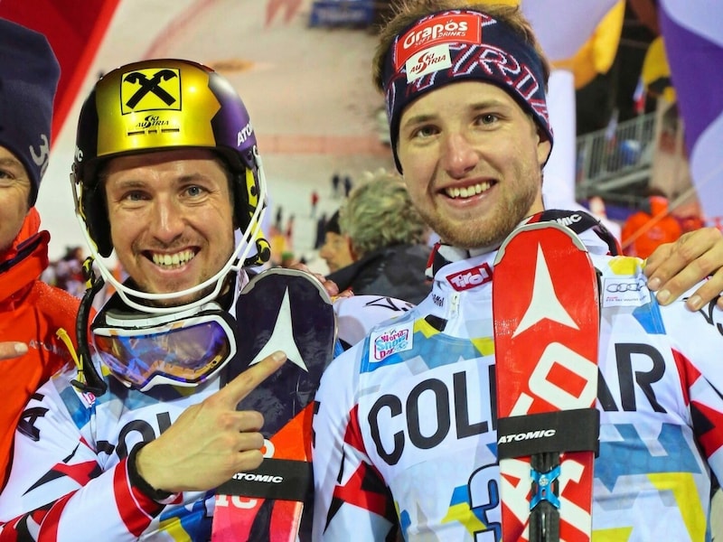 2015 ging in Madonna der Stern von Marco Schwarz auf: Sieger Marcel Hirscher zeigte auf den Dritten. (Bild: Christof Birbaumer)