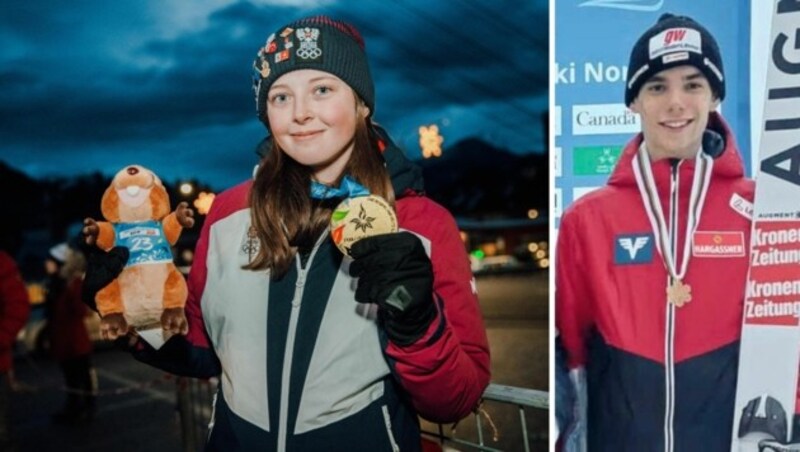 Kristina Holzfeind (li.) ist auf den Spuren von Anna Gasser, holte bei den europäischen Jugendspielen im Snowboard-Big-Air Gold! Julijan Smid ist Junioren-Weltmeister mit dem Skisprung-Team. (Bild: Gepa, zVg)