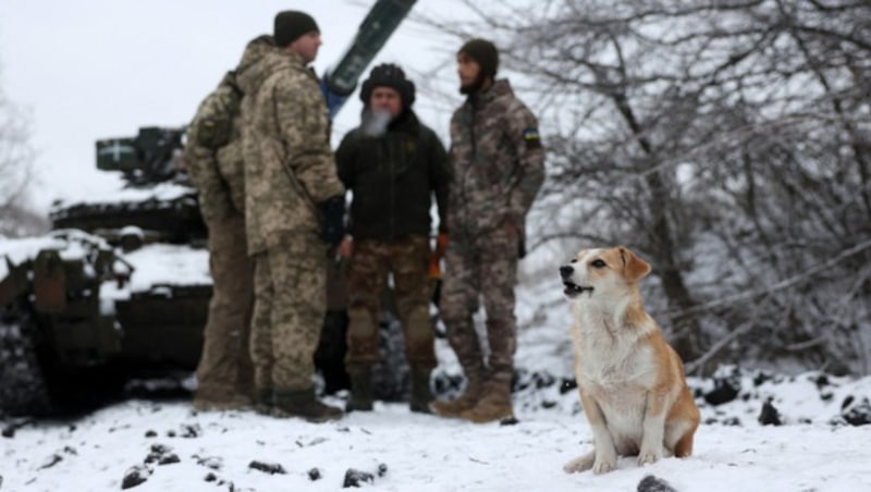 Ukrainische Soldaten und ein Hund im Dezember in der Nähe von Bachmut (Bild: APA/AFP/Anatolii STEPANOV)