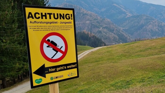 Am Blahstein im Naturpark Mürzer Oberland machen Schilder auf Jungwälder aufmerksam