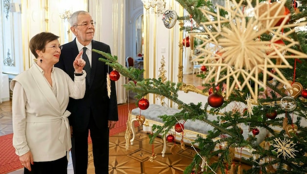 Weihnachtsstimmung in der Hofburg: Am fünf Meter hohen Christbaum hängen rote Kugeln, Strohsterne und Lebkuchen. (Bild: Reinhard Holl)