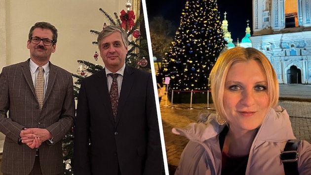 Die österreichische Diplomatin Anna-Maria Steiner (re.) verbringt Weihnachten in Kiew; Robert Gerschner (2.v.li.) in Moskau (Bild: Außenministerium, Krone KREATIV)