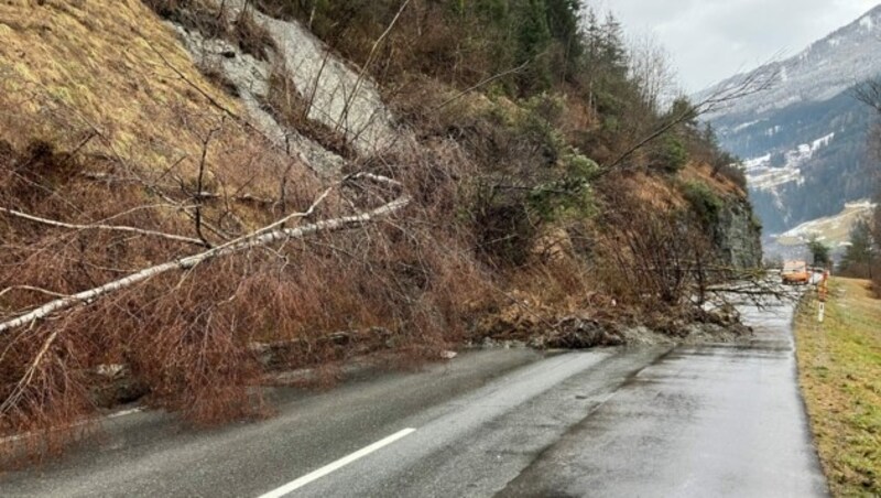 In der Gemeinde Fließ kam es in der Nacht auf Samstag zu einem Erdrutsch im Bereich der L 76 Landecker Straße zwischen Eicholz und Urgen. (Bild: Baubezirksamt Imst)