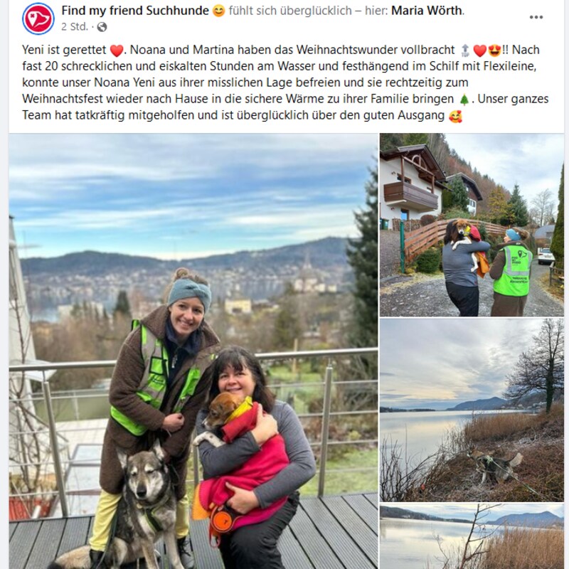 „Find my friend Suchhunde“ freut sich auf ihrer Facebookseite über die erfolgreiche Rettung von Yeni durch Noana und Martina. (Bild: Find my friend Suchhunde)