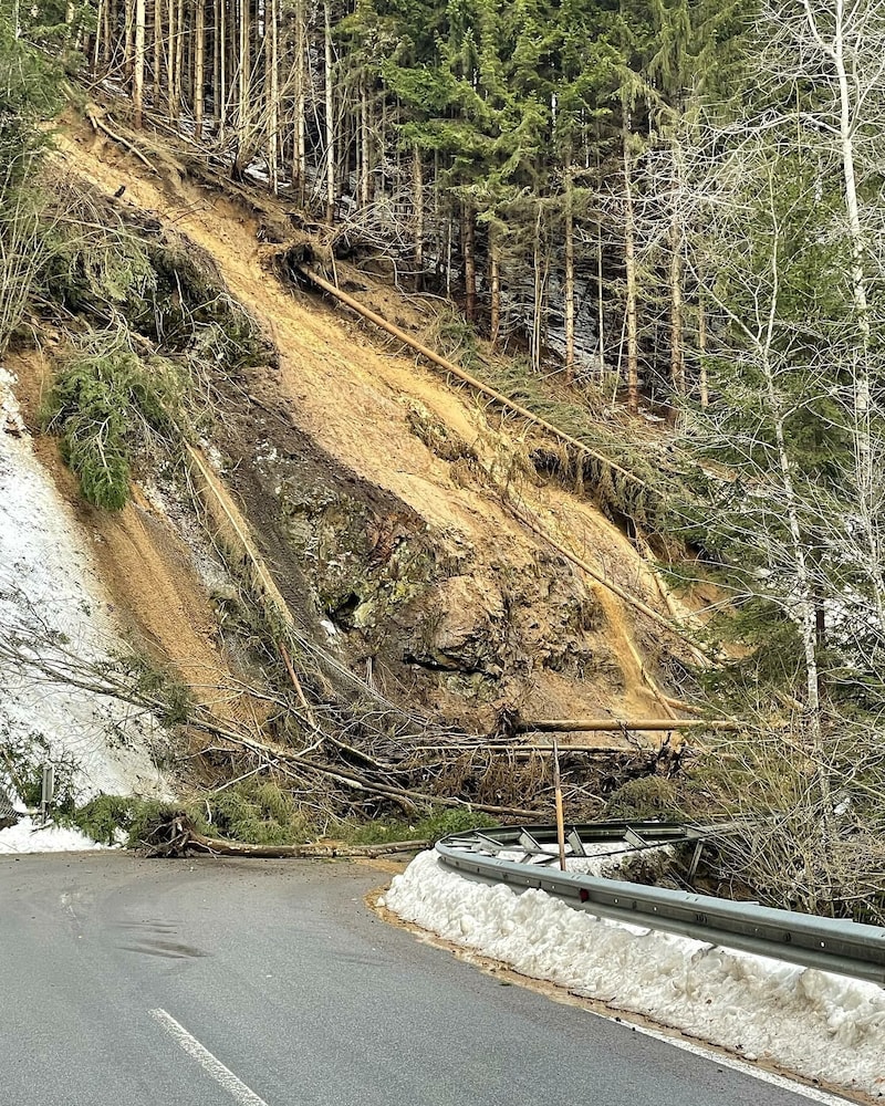 Eine massive Mure blokiert die Straße auf den Pogusch (Bild: FF St. Lorenzen/Mürztal HBI Prettenthaler)