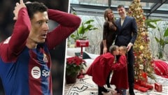 Robert Lewandowski im Barca-Dress (links) und mit Familie vorm Christbaum. Nächstes Jahr könnte es weniger Geld geben. (Bild: APA/AFP/Josep LAGO)