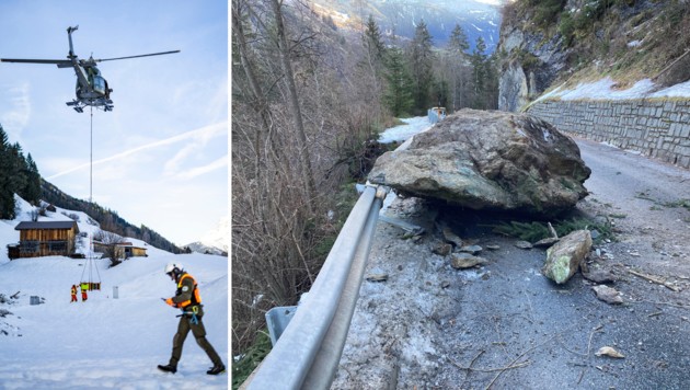 Nach dem Felssturz am Sonntag werden die Bewohner des Ortsteils über eine Luftbrücke versorgt. (Bild: Bundesheer/Arno Melicharek, Land Tirol)