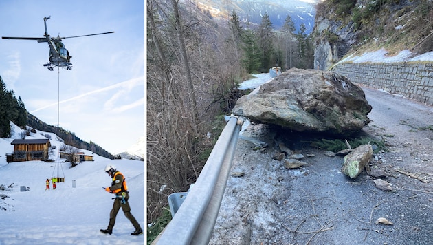 Im Dezember donnerten mehrere Felsen auf die Hochgallmiggstraße. Das Bundesheer versorgte den abgeschnittenen Ortsteil per Heli. (Bild: Bundesheer/Arno Melicharek, Land Tirol)