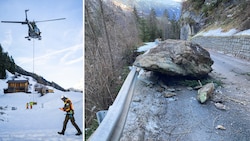 Im Dezember donnerten mehrere Felsen auf die Hochgallmiggstraße. Das Bundesheer versorgte den abgeschnittenen Ortsteil per Heli. (Bild: Bundesheer/Arno Melicharek, Land Tirol)