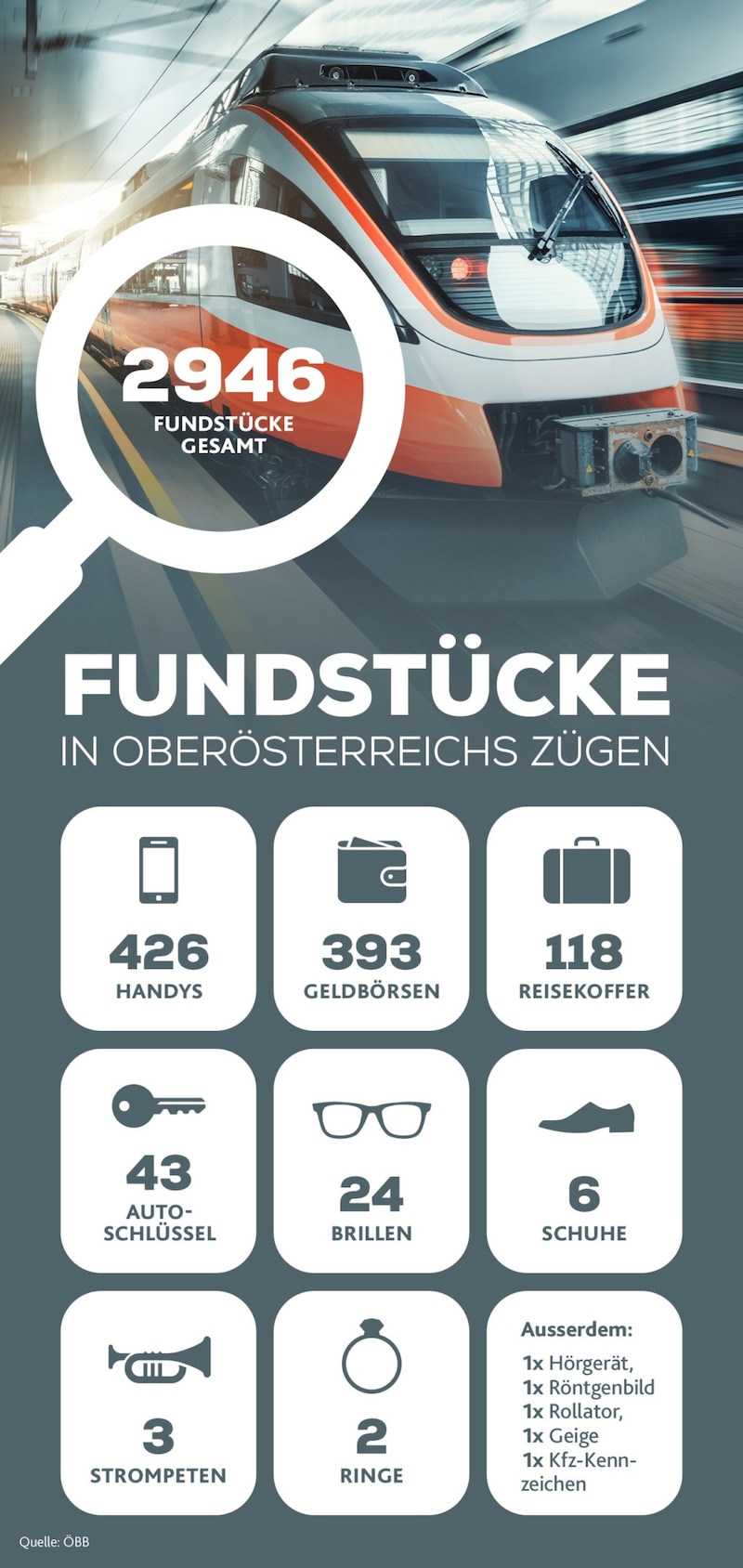 Eine Auswahl der insgesamt 2946 Fundstücke in Oberösterreichs Waggons 2023. (Bild: stock.adobe.com, Krone KREATIV)