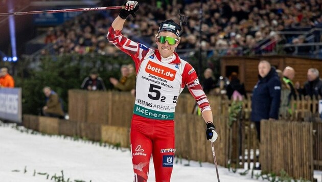 Lukas Haslinger hatte allen Grund zur Freude. (Bild: Biathlon auf Schalke/Imago)
