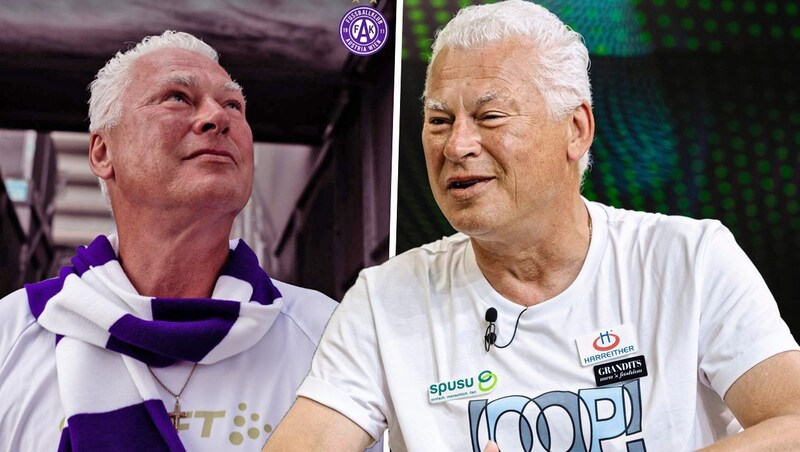 Toni Polster, links am Facebook-Kanal der Wiener Austria, rechts im Sommer im krone.tv-Studio, beherrscht die Schlagzeilen - das wollte niemand. (Bild: Facebook.com/FK Austria Wien, Mario Urbantschitsch)