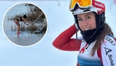 ÖSV-Slalomgirl Marie-Therese Sporer machte beim eisigen Bad am Weißensee ausgezeichnete Figur. (Bild: instagram, krone.at-grafik)