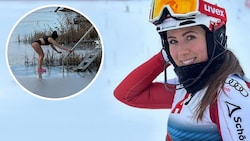 ÖSV-Slalomgirl Marie-Therese Sporer machte beim eisigen Bad am Weißensee ausgezeichnete Figur. (Bild: instagram, krone.at-grafik)