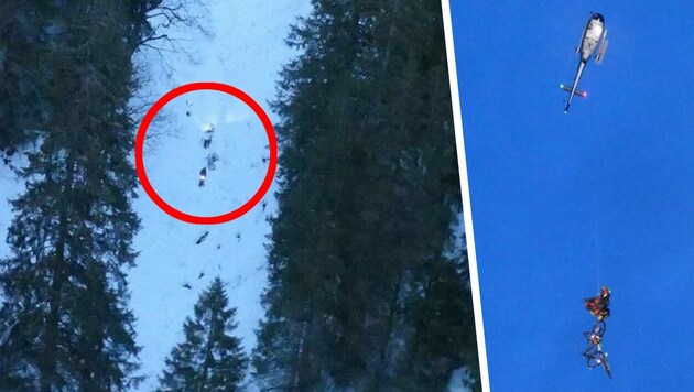 Der Polizeihelikopter „Libelle Tirol“ flog die zwei Deutschen samt deren E-Bikes am Tau hängend zurück nach Nesselwängle. (Bild: Alpinpolizei Tirol, Krone KREATIV)