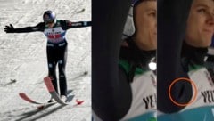 TV-Bilder beweisen, dass Wellingers Anzug beim Jubel nach dem Quali-Sieg riss (siehe rechts). (Bild: Tröster/Screenshot NRK)