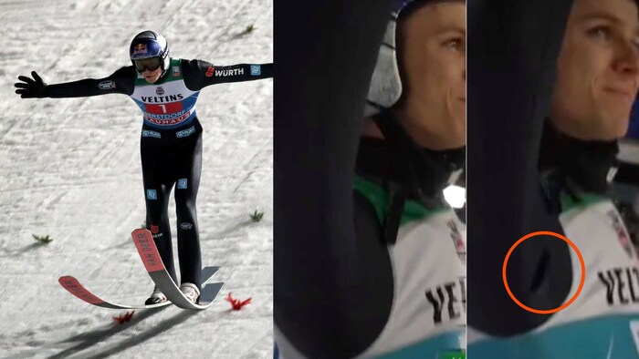 TV-Bilder beweisen, dass Wellingers Anzug beim Jubel nach dem Quali-Sieg riss (siehe rechts).