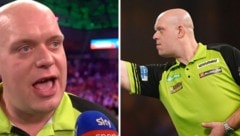 Michael Van Gerwen - im Spiel gegen Steven Bunting (re.) hochfokussiert, nachher im Sky-Interview sehr emotional (Bild: AP, Screenshot thesun.co.uk)