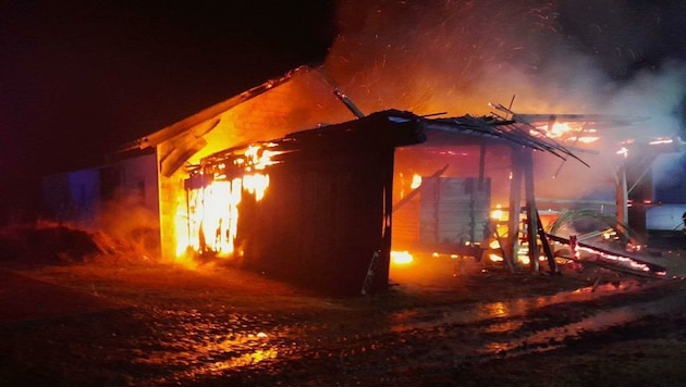 Rakete als Auslöser: Sieben Feuerwehren löschten kurz nach Mitternacht einen Scheunenbrand im Waldviertel. (Bild: DOKU-NÖ)