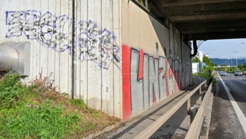 Graffiti-Sprayer widmeten im Vorjahr ihre Kunstwerke entlang der Stadtautobahn wieder verstärkt Fußballklubs. (Bild: Harald Dostal)