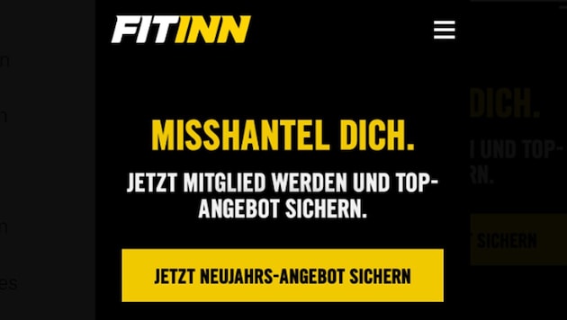 MisshanTlungen als Werbegag - Stand Dienstagabend zu sehen auch auf der offiziellen „Fitinn“-Website (Bild: Fitinn/Social Media)