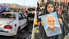 Eine junge Iranerin (re.) hält ein Bild des mächtigen Generals Ghassem Soleimani in die Höhe. Bei zwei Explosionen bei einer Gedenkfeier für ihn im Iran kamen am Mittwoch mehr als 100 Menschen ums Leben. (Bild: AP APA/AFP/TASNIM NEWS Krone KREATIV,)