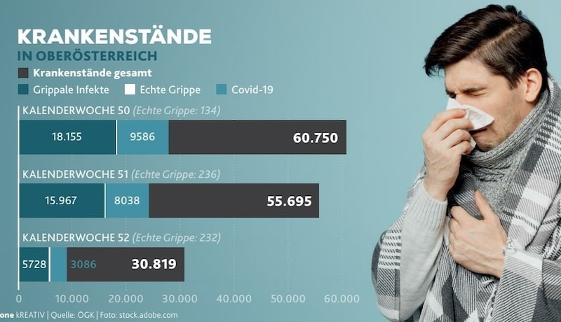 Die bei der Gesundheitskasse gemeldeten Krankenstände in OÖ. (Bild: Honorar)