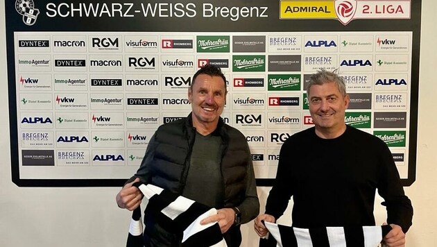 Markus Mader (re.) ist der neue Bregenz-Coach, Co-Trainer Martin Schneider bringt er mit. (Bild: SW Bregenz)