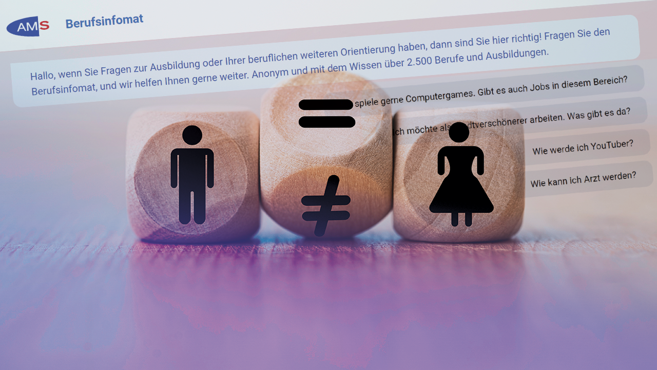 Geschlechterneutralität wurde beim AMS-„Berufsinfomat“ als Ziel verfehlt. (Bild: stock.adobe.com, Screenshot ams.at, Krone KREATIV)