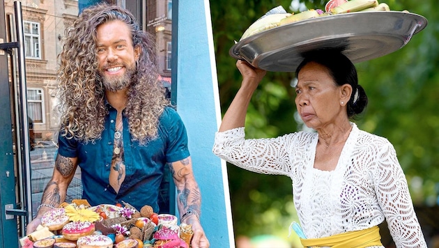 Food- und Gastro-Influencer Hank Ge ist aktuell mit dem Vorwurf kultureller Aneigung konfrontiert - denn die indonesische Community in Österreich ist von seinem „Bali-Marketing“ nicht begeistert. (Bild: APA/AFP/SONNY TUMBELAKA, Hank Ge, Krone KREATIV)