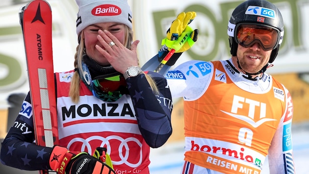 Mikaela Shiffrin feiert mit Freund Aleksander Aamodt Kilde. (Bild: GEPA, AFP, krone.at-mrgrafik)